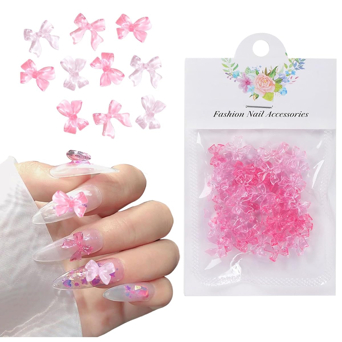 MAYCREATE Nail Decals for DIY Nail Art with 50pcs 3D Flat Back Resin Pink Bow Charms | Cute Decorative Design