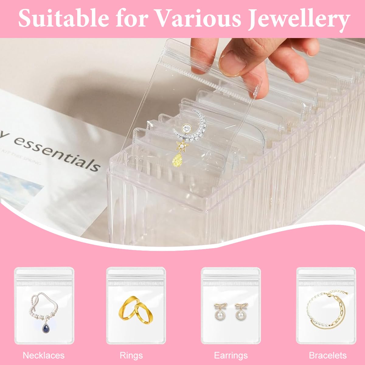 MAYCREATE Jewellery Organisers for Storage and Travel with 20 PVC Pouches and Acrylic Box | Transparent Anti-Tarnish Design
