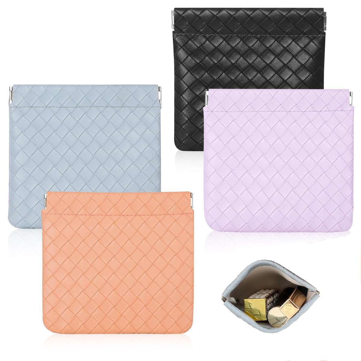 MAYCREATE® 4Pcs Small Makeup Pouch Small Pouches Makeup Bag Mini PU Leather Cosmetic Bag Weave Makeup Pouches for Women Pocket Purse for Coin Lipstick Jewelry Organizer