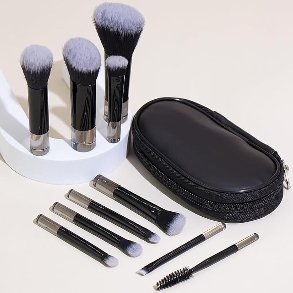 MAYCREATE® 10Pcs Travel Makeup Brushes with Zipper Pouch Synthetic Bristles Shorter Handle Makeup Brushes Including Blending Brush, Contour Brush, Eyeshadow Brushes, Basic Makeup Brush Kit for Travel