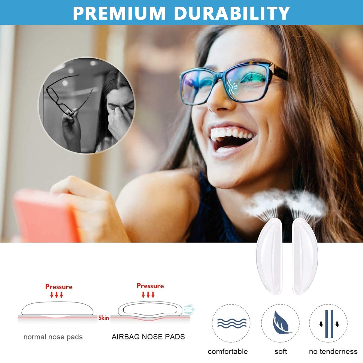 MAYCREATE Adhesive Eyeglasses Nose Pads with D Shape Anti Slip Design | 12 Pairs White Silicone