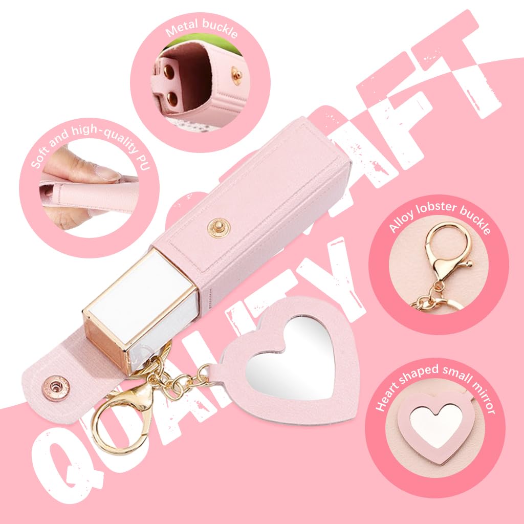MAYCREATE Lipstick Holder Keychain for Travel with Heart Shape Mirror and Pink PU Case | Gift for Women