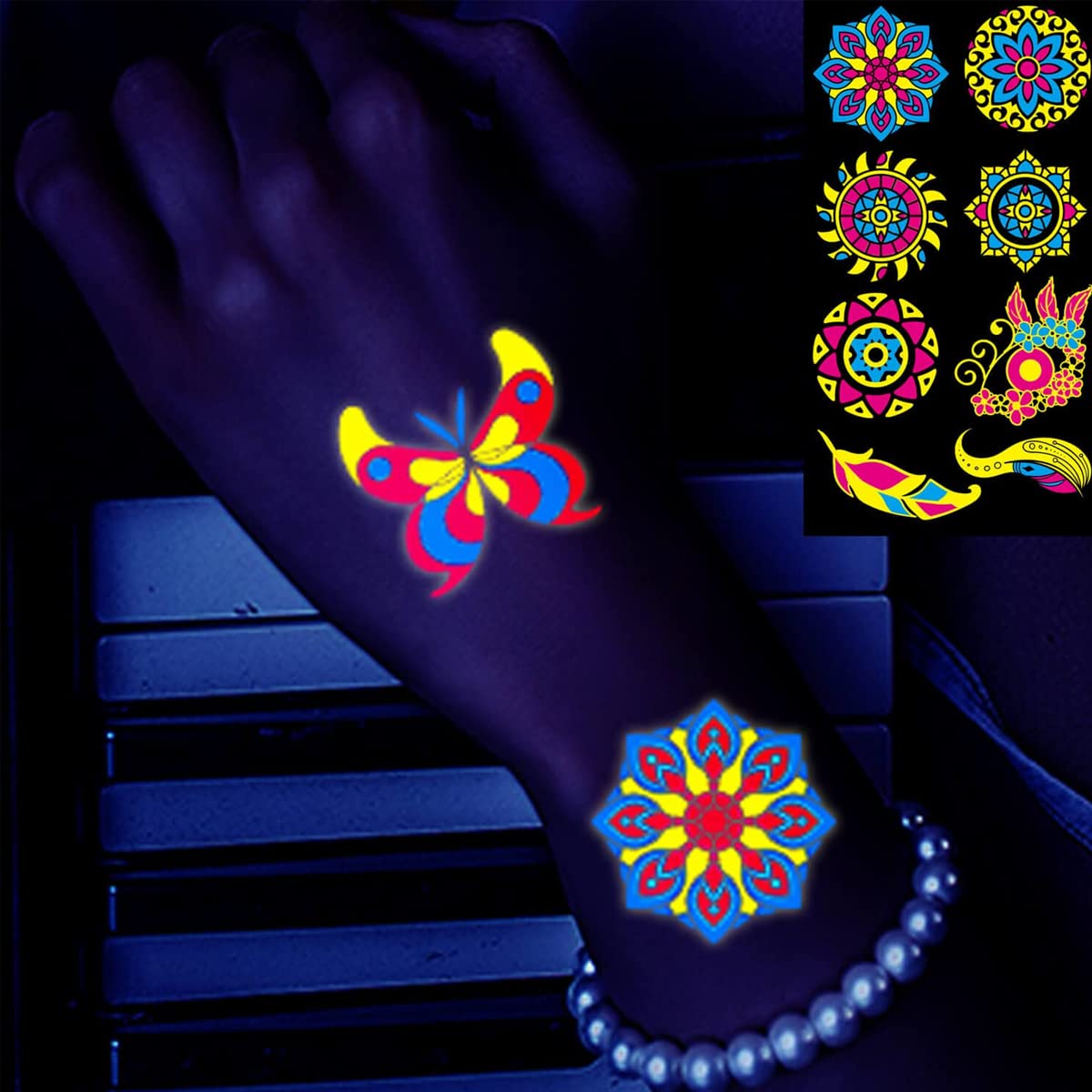 MAYCREATE UV Neon Face Tattoo Stickers for Halloween Rave Parties featuring 8 Sheets | Glow in the Dark Designs for Adults and Kids