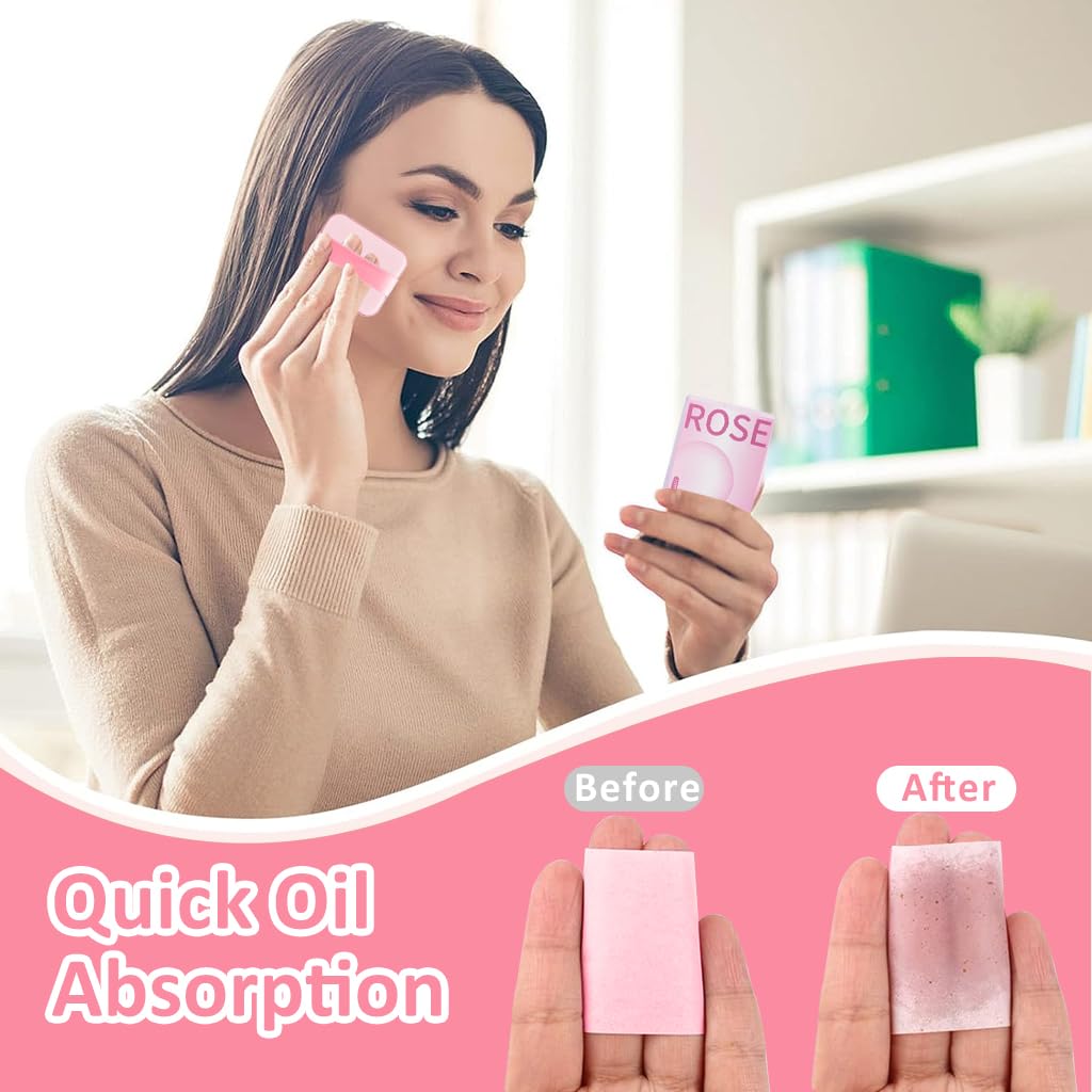 MAYCREATE® 200Pcs Blotting Paper for Oily Face, Oil Absorbing Sheets for Face, Natural Rose Oil Absorbing Paper for Face, Travel Compact Face Wipes for Oily Skin, with Mirror & Puff for Men Women