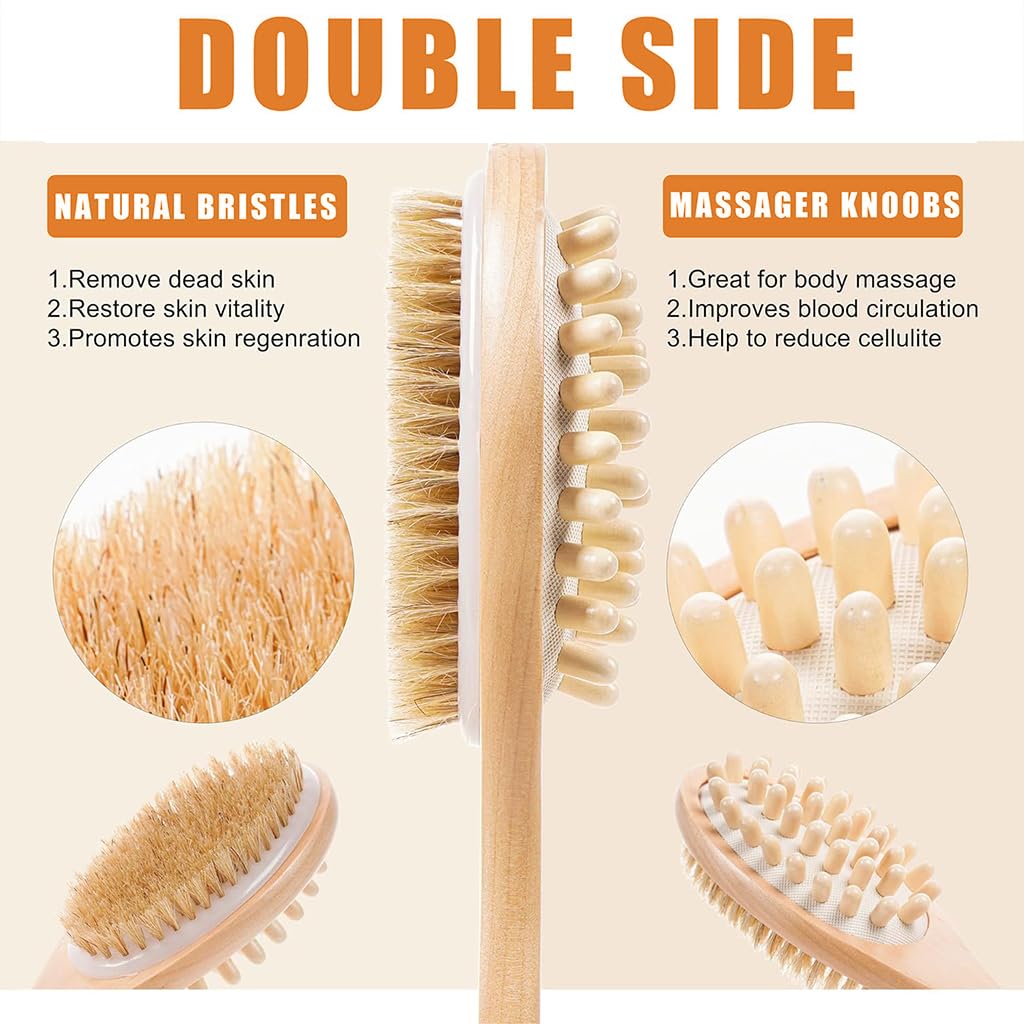 MAYCREATE Back Scrubber for Bathing with 14.5 in Wooden Handle featuring Dual-Sided Bristles | Natural Exfoliating and Massage Brush