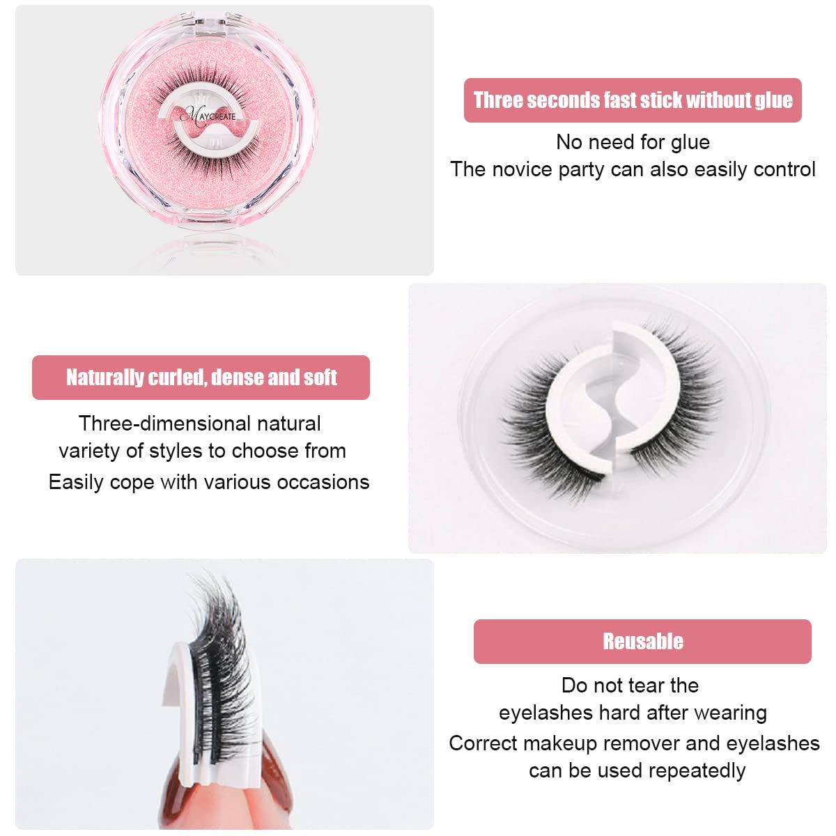 MAYCREATE® 1 Pair 3D False Eyelashes Natural Look Reusable Self-Adhesive Eyelashes Waterproof 10mm For Women Eye Makeup Lash