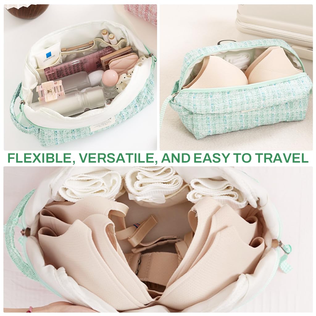 MAYCREATE Cotton Bra Organizer Bag for Travel with 3 Compartments 24x11x15 cm | Green Lingerie Storage