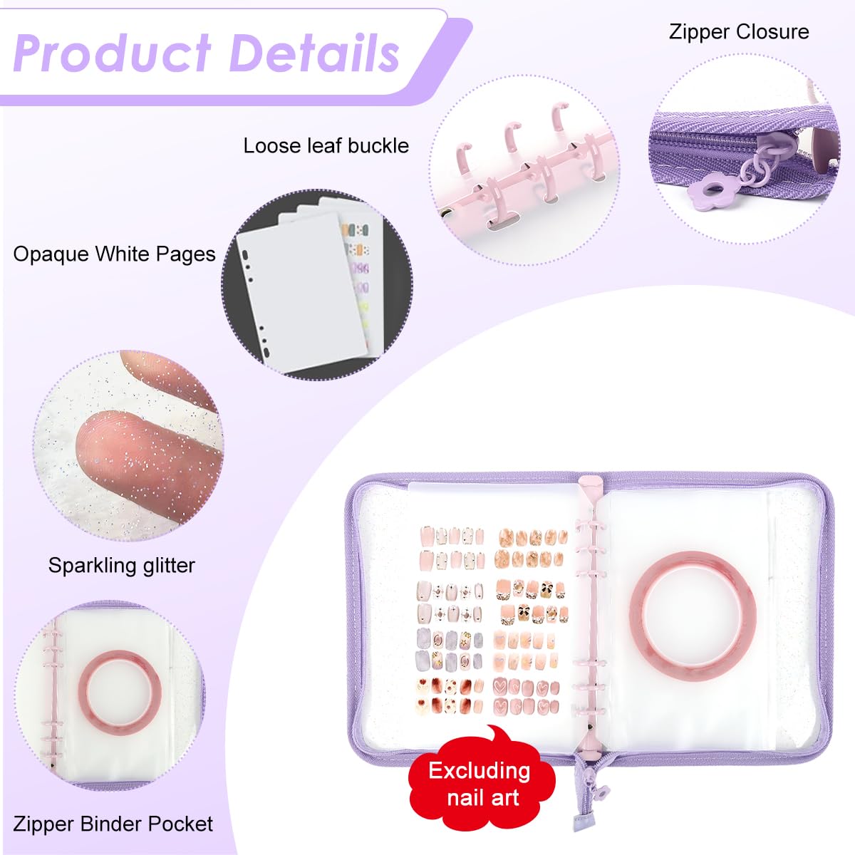 MAYCREATE Press On Nail Organizer with 4 Insert Pages for Nail Display and Storage | Purple