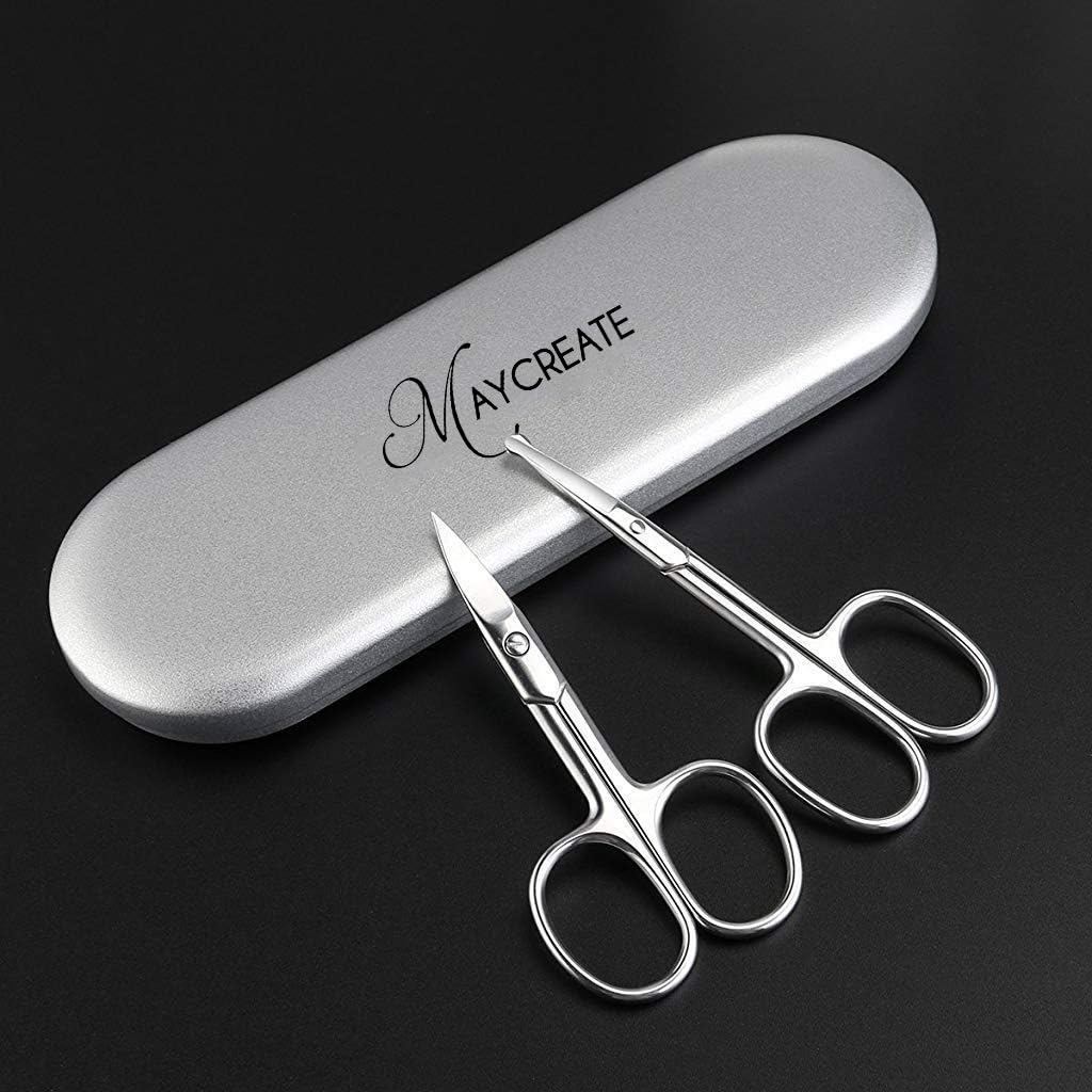 MAYCREATE Nose Scissors Set for Beard and Moustache Trimming with Bent and Round Tips | 2pcs Stainless Steel Silver Grooming Kit
