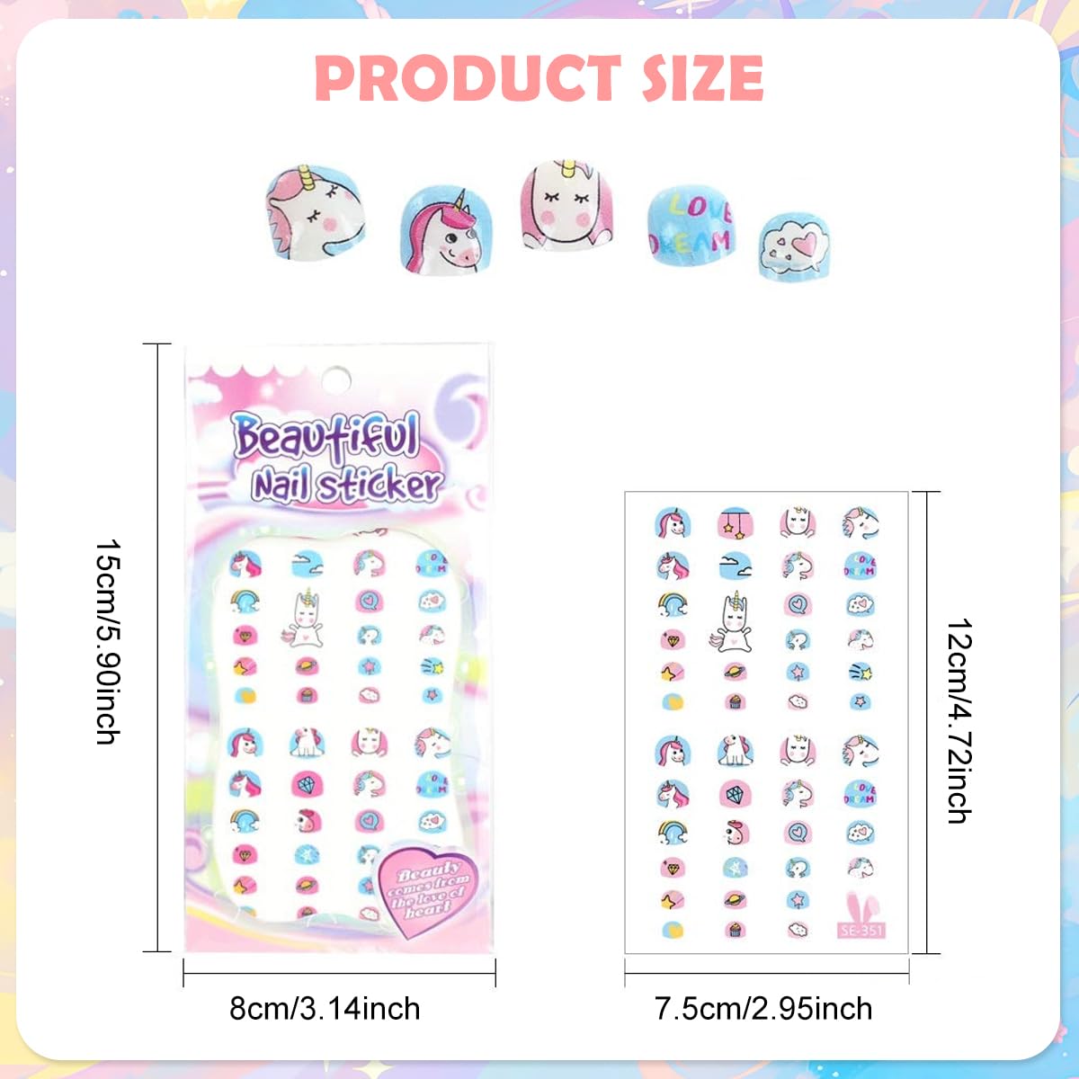 MAYCREATE Nail Stickers for Kids with 6 Sheets Cute Cartoon Unicorn Decals | DIY Party Fun