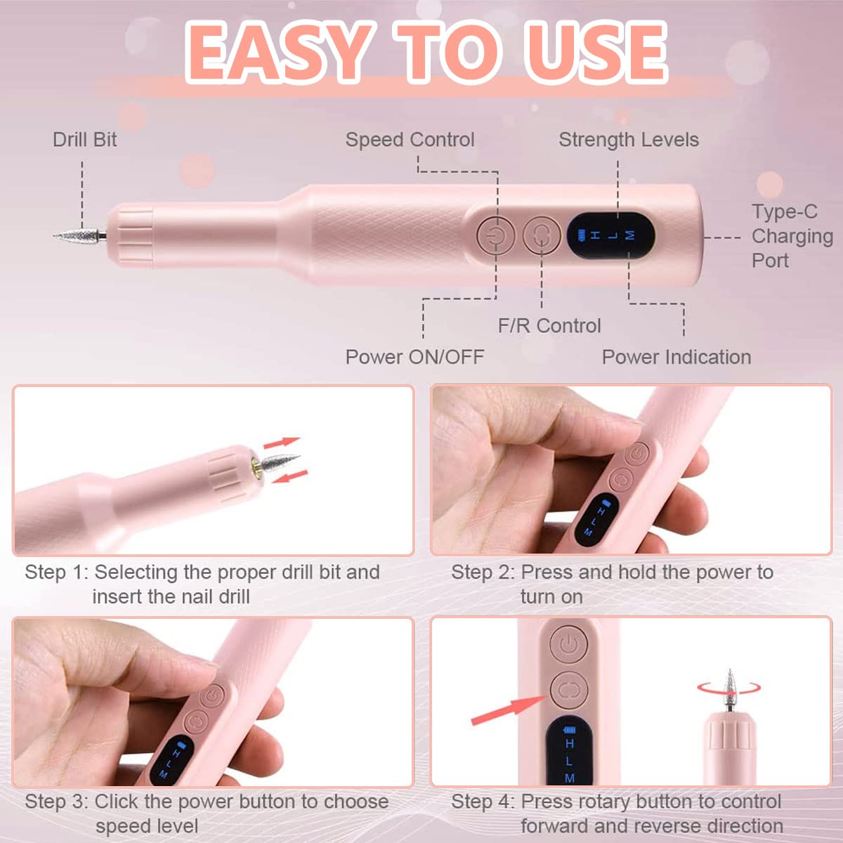MAYCREATE Nail Drill Machine for Manicure and Pedicure with LCD Display and 20000rpm | USB Rechargeable Cordless Design
