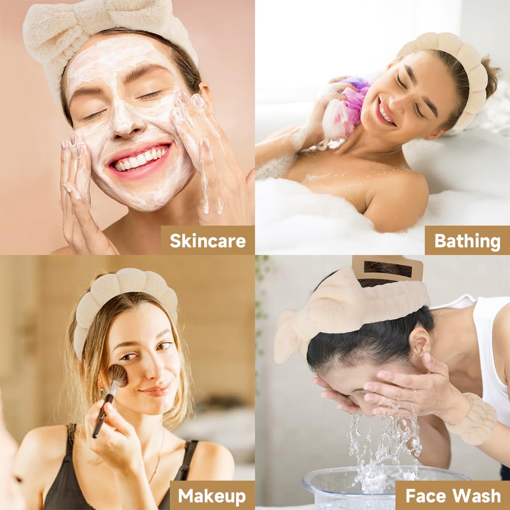 MAYCREATE Face Wash Hair Bands for Women with Coral Velvet Wristbands and Bow Headband | 5pcs Skincare Set