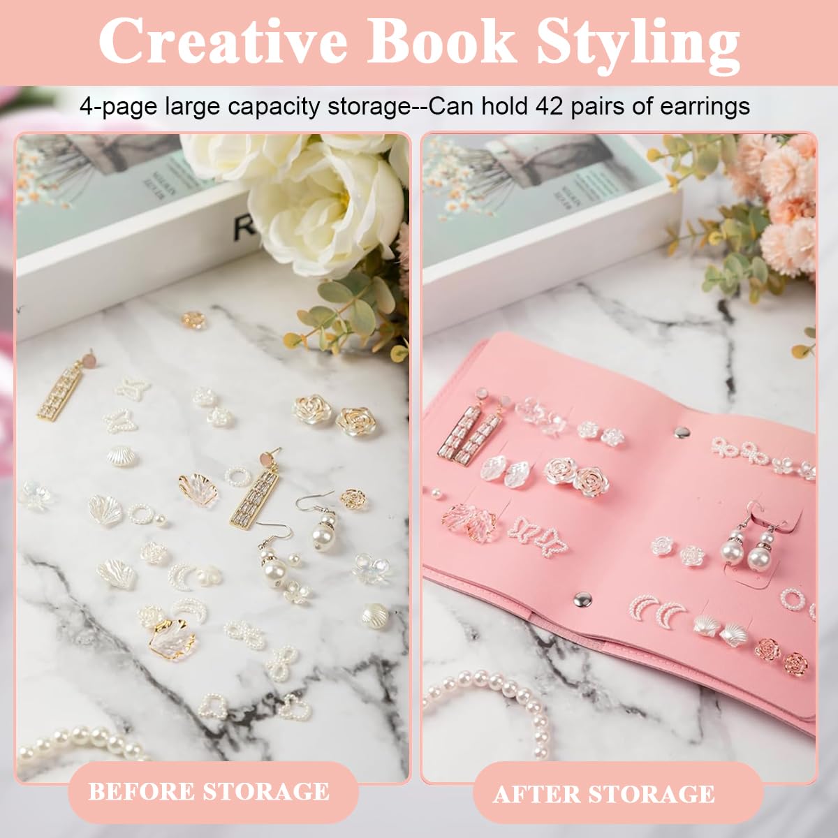 MAYCREATE Earring Organizer for Travel with Foldable Book Design and 42 Pair Capacity | PU Leather Case