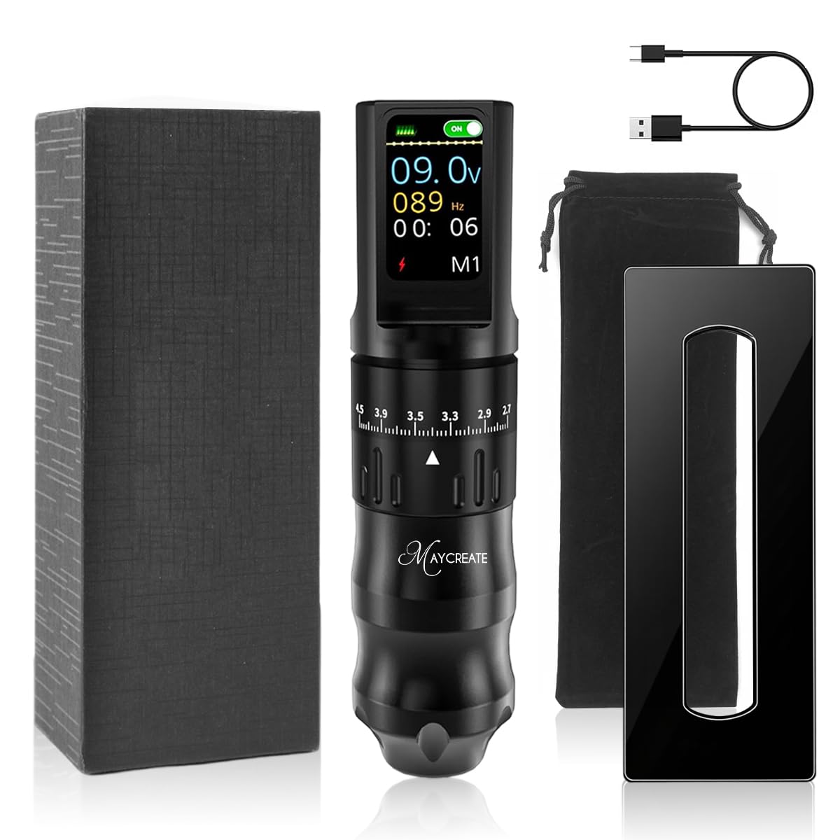MAYCREATE Wireless Rotary Tattoo Pen Machine with 2.7–4.5mm Stroke & LCD Display | 1200mAh Rechargeable Ergonomic Grip