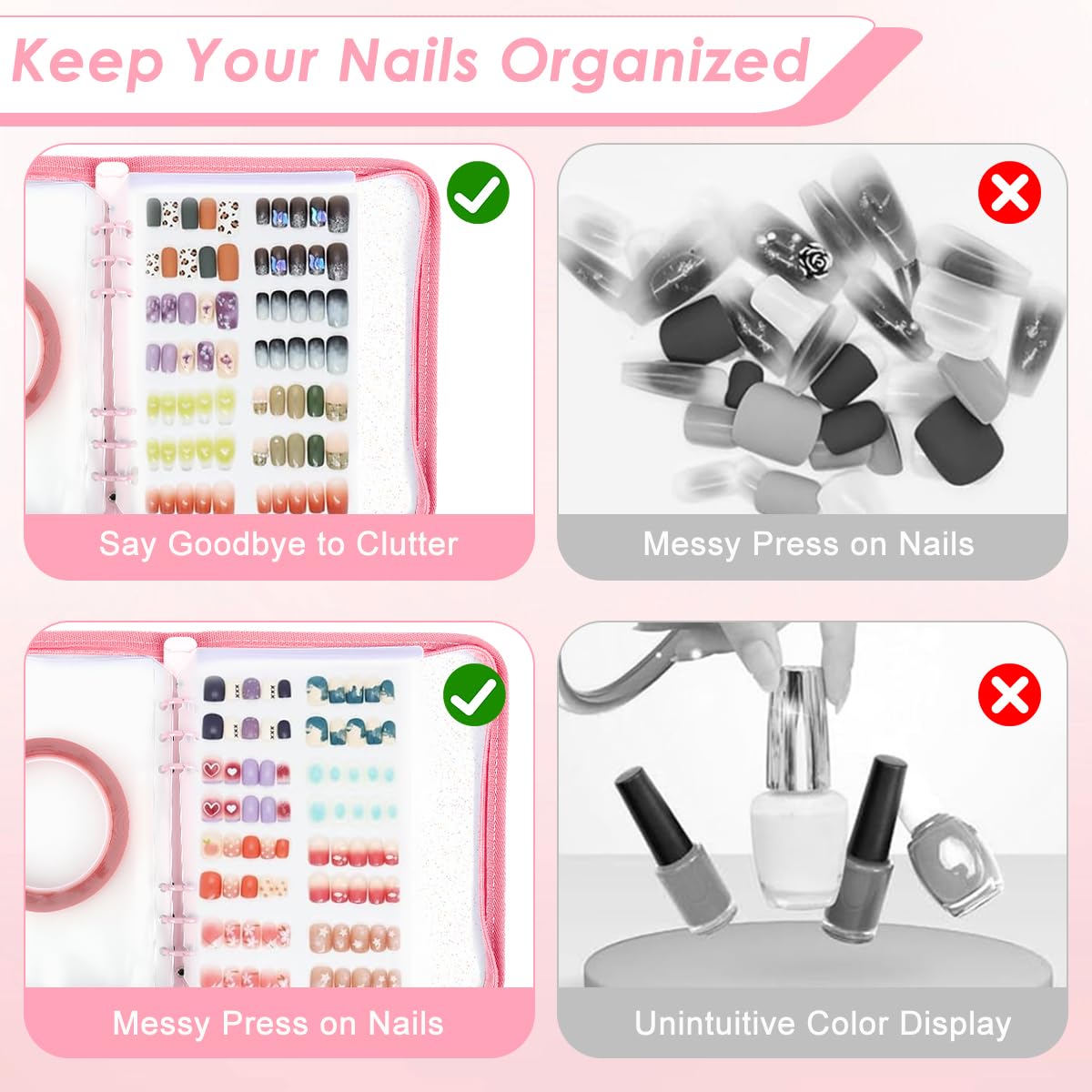 MAYCREATE Press On Nail Organizer with 4 Insert Pages and Acrylic Tape, Pink | Reusable A5 Nail Storage Book