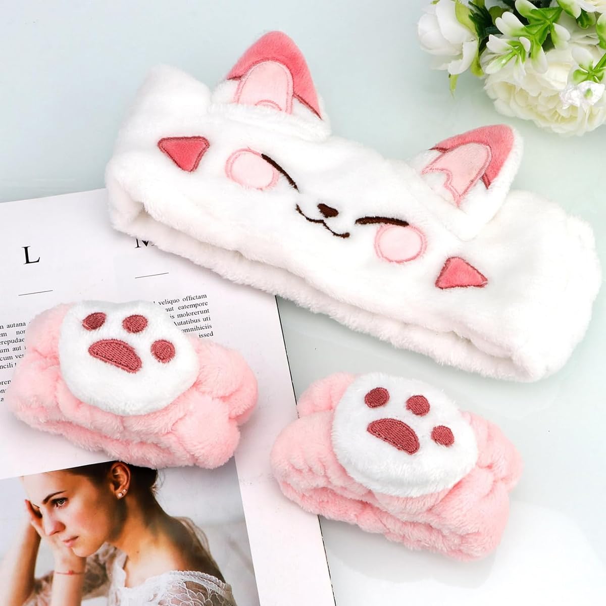 MAYCREATE Face Wash Headband Set for Women with 3Pcs Plush Elastic Bands | Spa Makeup Use