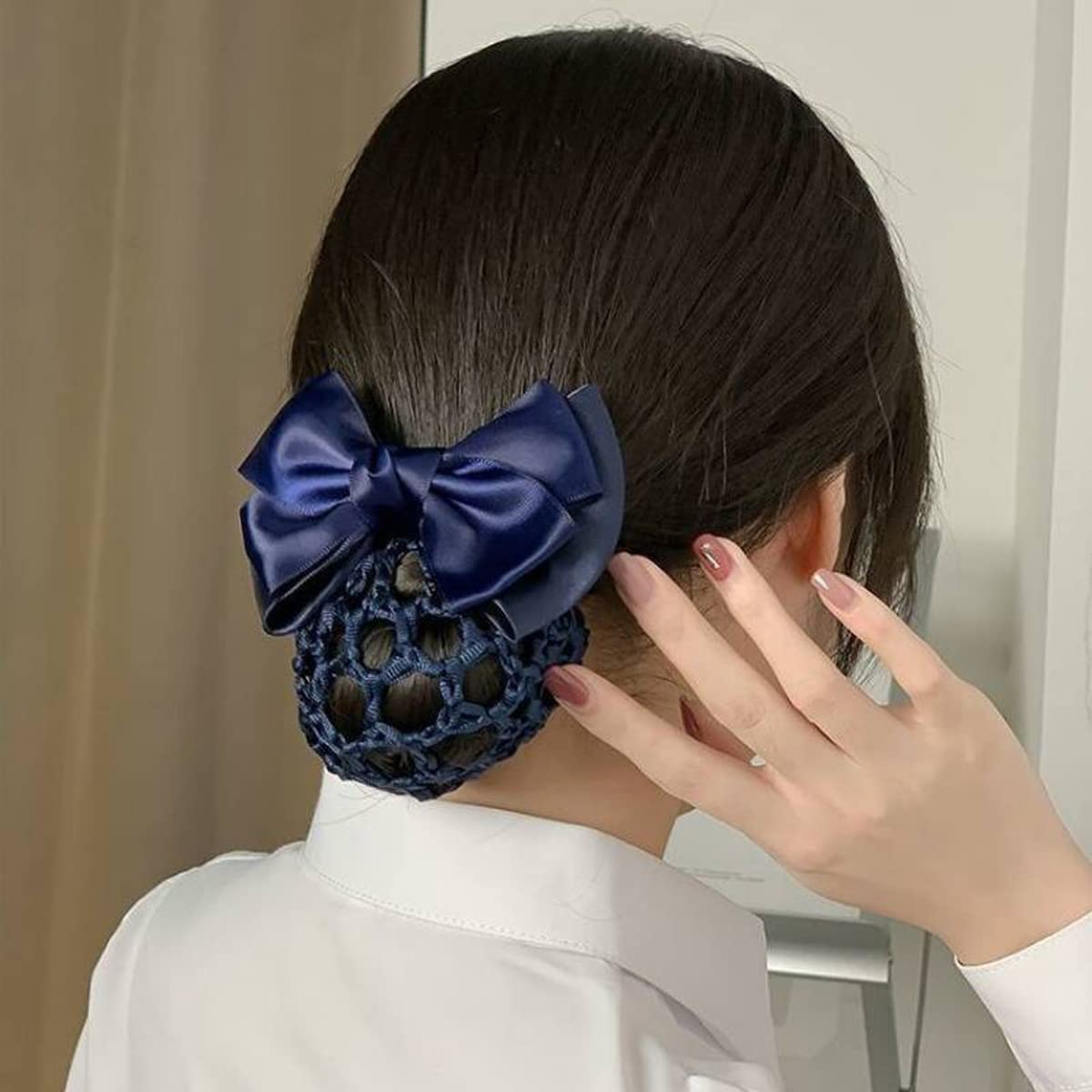 MAYCREATE Bow Hair Bun Net for Work and Dance featuring Alloy Spring Clip 10cm | Blue Snood Cover for Women