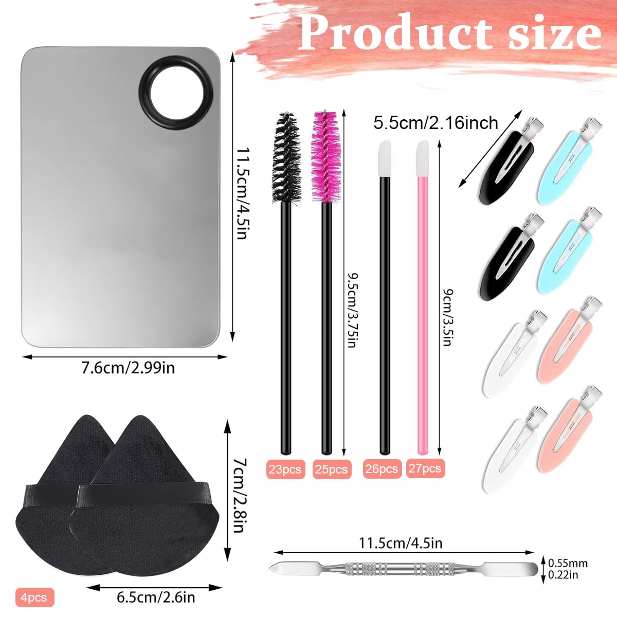 MAYCREATE® Makeup Applicators Kit, Include Mixing Palette, Triangle Powder Puffs,Foundation Spatula, Mascara Wands, Lip Brush and Hair Clips Makeup Acessories Tools Kit