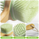 MAYCREATE Silicone Back Scrubber for Shower with Dual Sided Bristles and Wooden Handle | Green