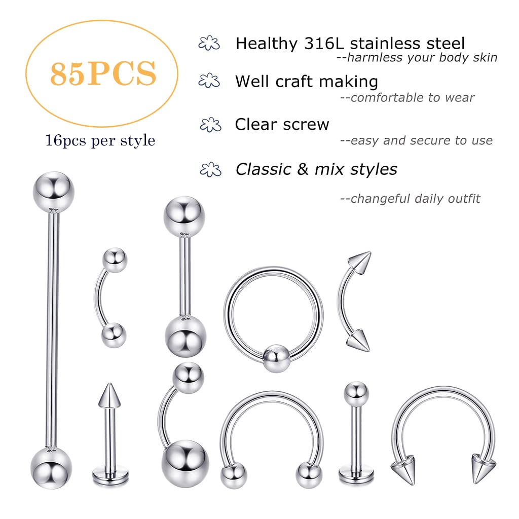 MAYCREATE Piercing Jewelry Set for Lip Nose Belly & Eyebrow with 85 pcs Stainless Steel | Unisex Body Art Collection