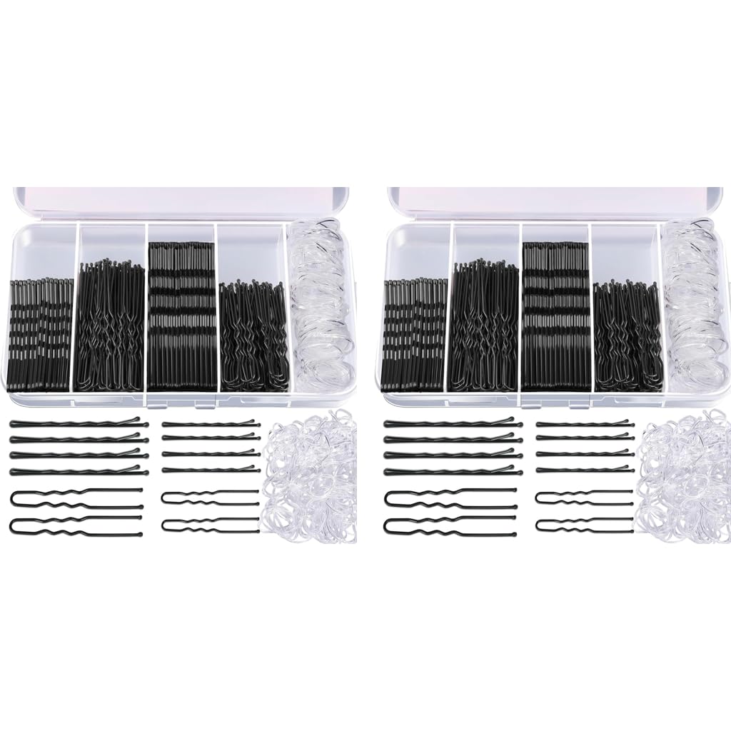 MAYCREATE Bobby Pins Set for Updos with U Pins and 100 Mini Rubber Ties | 600 pcs Black Accessories
