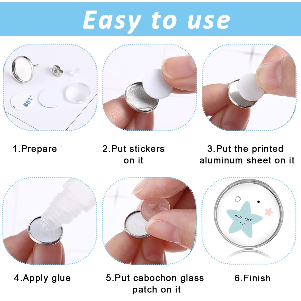 MAYCREATE DIY Ear Stud Kit with 200 Pieces Stainless Steel Bases and 2 Stopper Designs | Transparent Hemispherical Patches for Custom Earrings