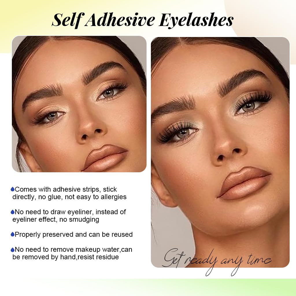 MAYCREATE 3 Pairs Self Adhesive Eyelashes No Glue Needed False Lashes Natural Look Lash Extensions Reuseable Self Adhesive Lashes Waterproof Wispy Fluffy Lashes with Tweezer