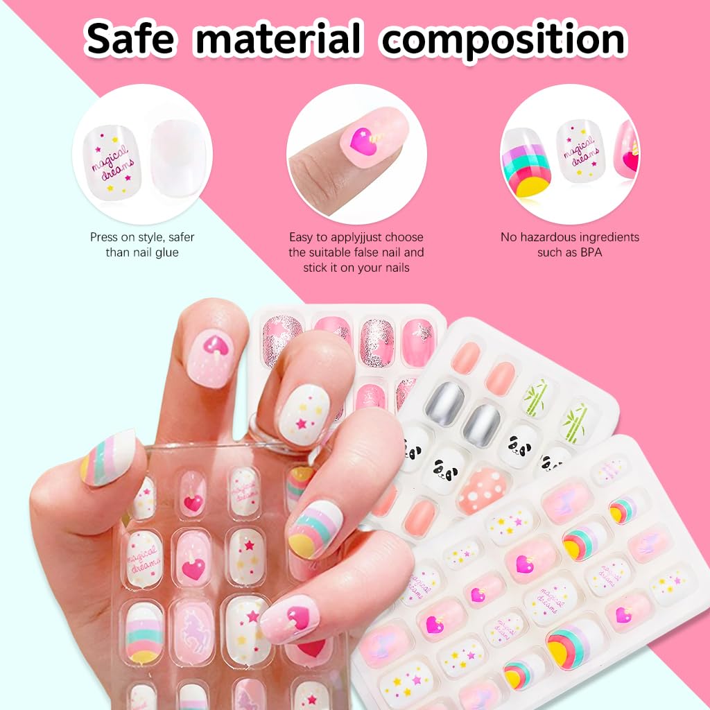 MAYCREATE Children Press On Nails Kit 72pcs with ABS Full Cover Tips for Girls | Fun DIY Gift