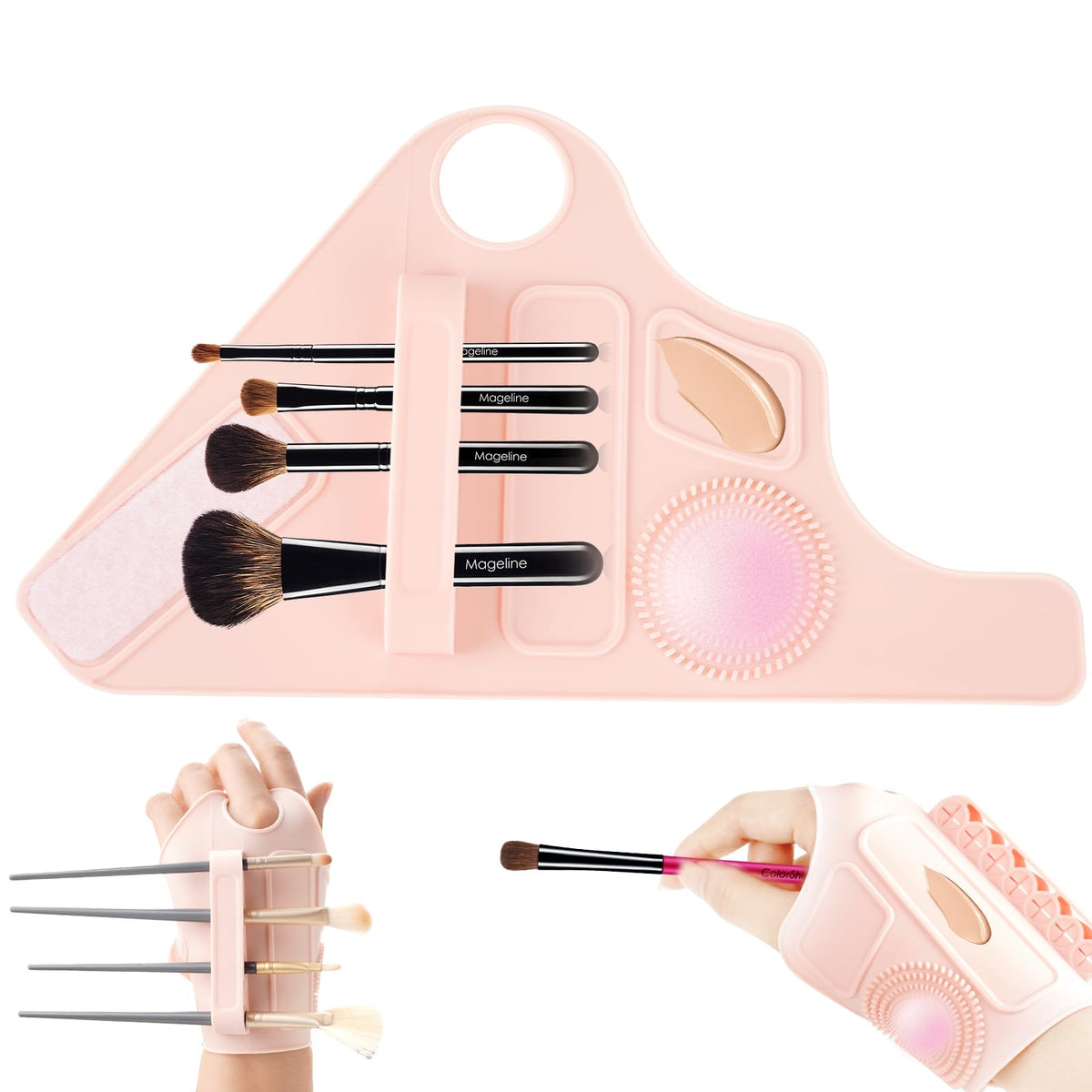 MAYCREATE® Makeup Mixing Palette Wrist Strap,Foldable Makeup Brush Storage Palette,Silicone Hand Wrist mixing tray Draw Assistance Tool for Small to Medium Brush - Pink