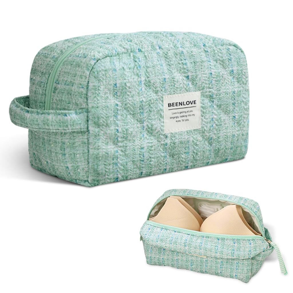 MAYCREATE Cotton Bra Organizer Bag for Travel with 3 Compartments 24x11x15 cm | Green Lingerie Storage