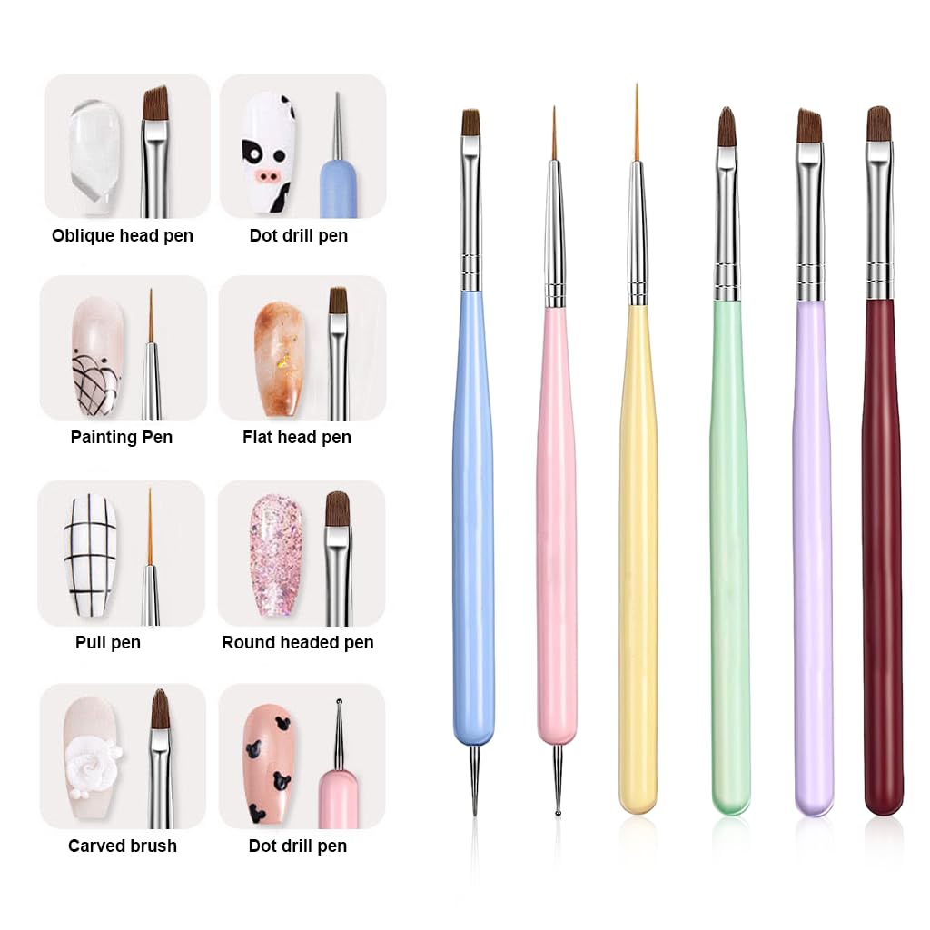MAYCREATE Nail Art Brush Set for DIY and Salon Use with 6 Pieces & 2‑in‑1 Dotting Tool