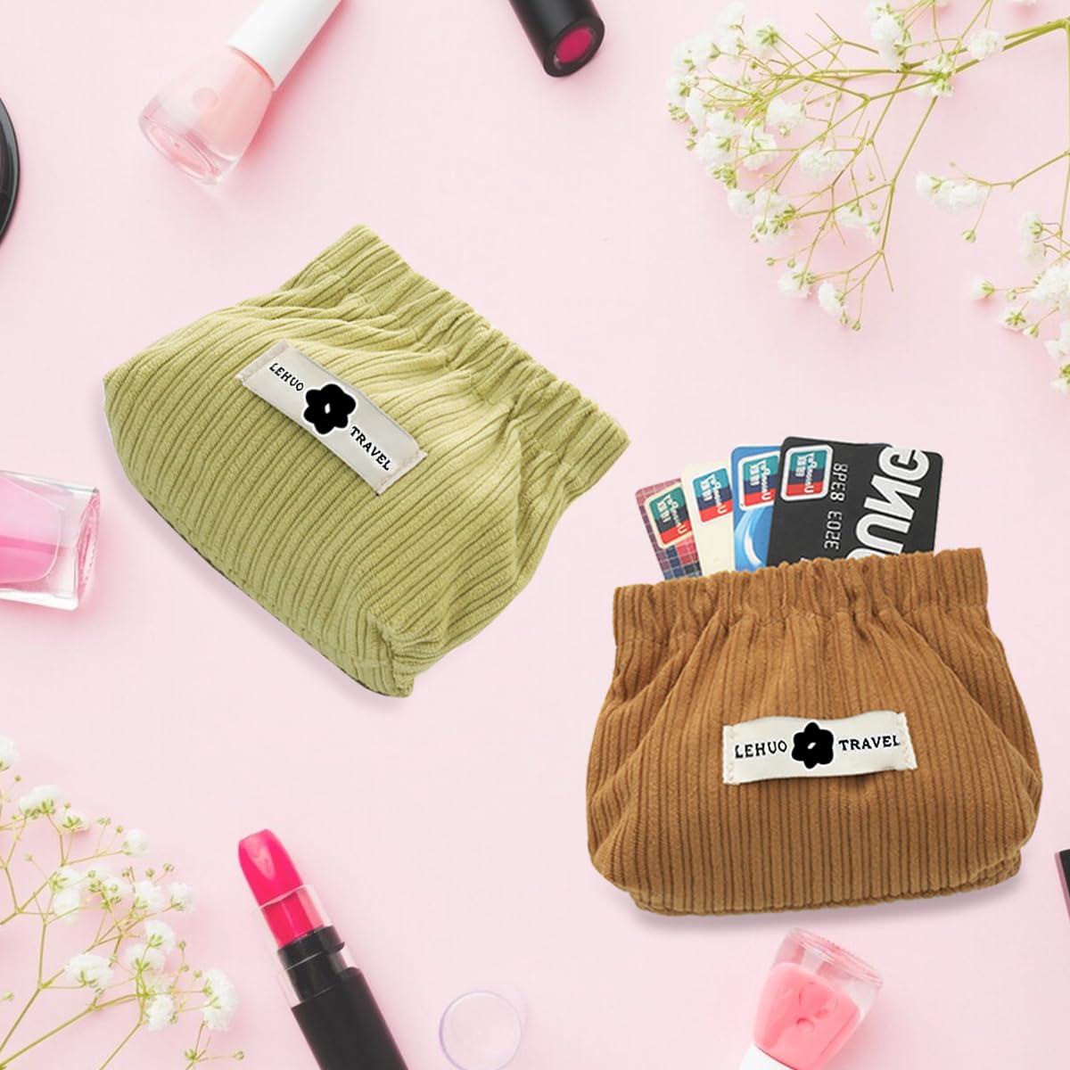 MAYCREATE 2 Pcs Small Pouches for Women Girls, Travel Mini Makeup Pouch, Corduroy Coin Pouch, Squeeze-Open Lipstick Jewelry Storage Bag Hair Accessories Organizer - Coffee & Green