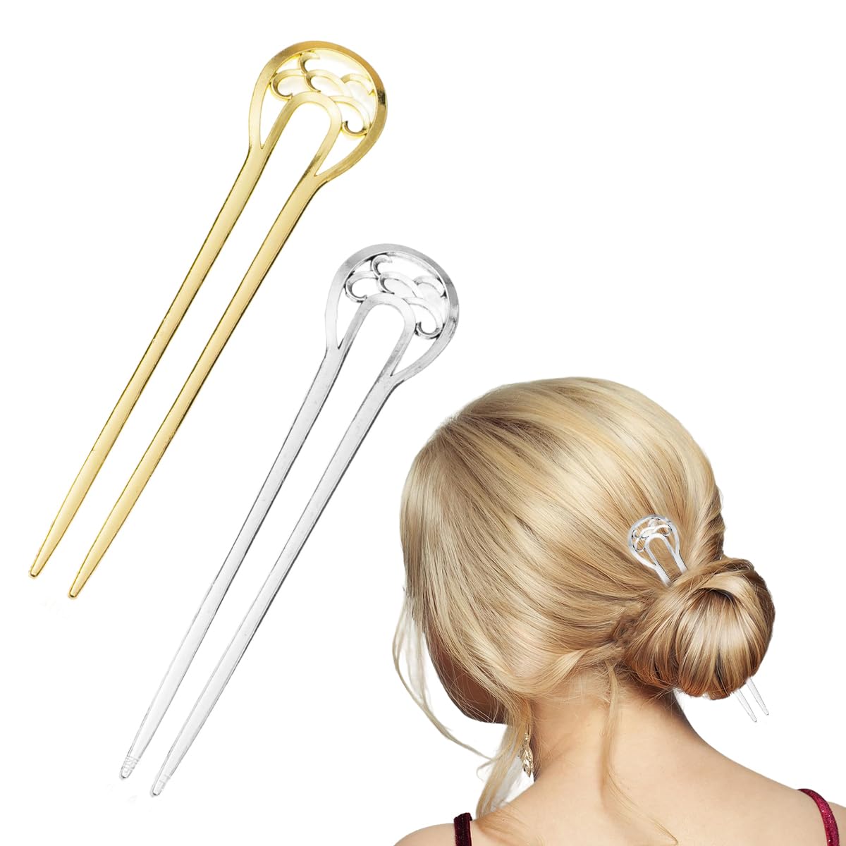 MAYCREATE Hair Stick for Bun featuring U Shaped Metal Design 15cm Pins in Gold & Silver
