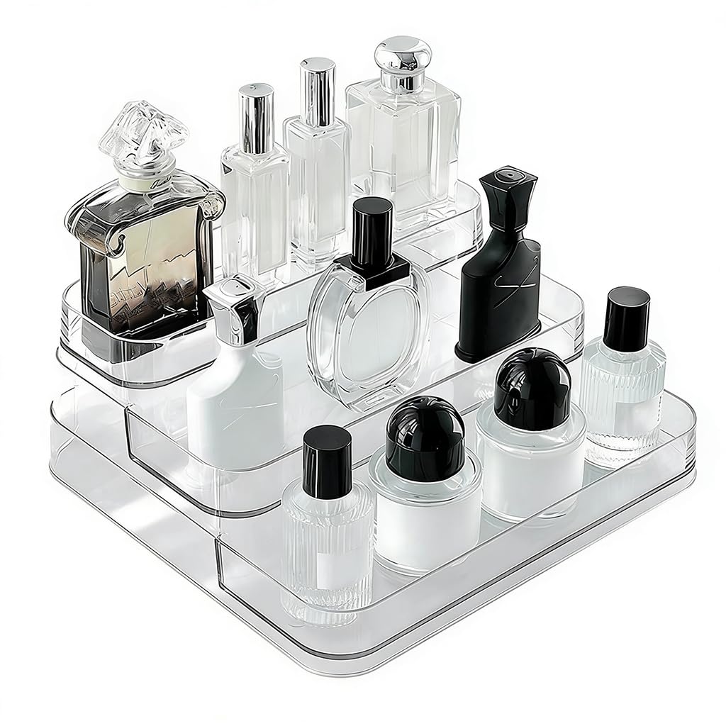 MAYCREATE® Perfume Display, 3 Tier Clear Acrylic Riser Shelf for Perfume with Fences, Cupcake, Gemstones, Curio, Anime Figurines, Skin Care Products for Organization and Decor, Brown