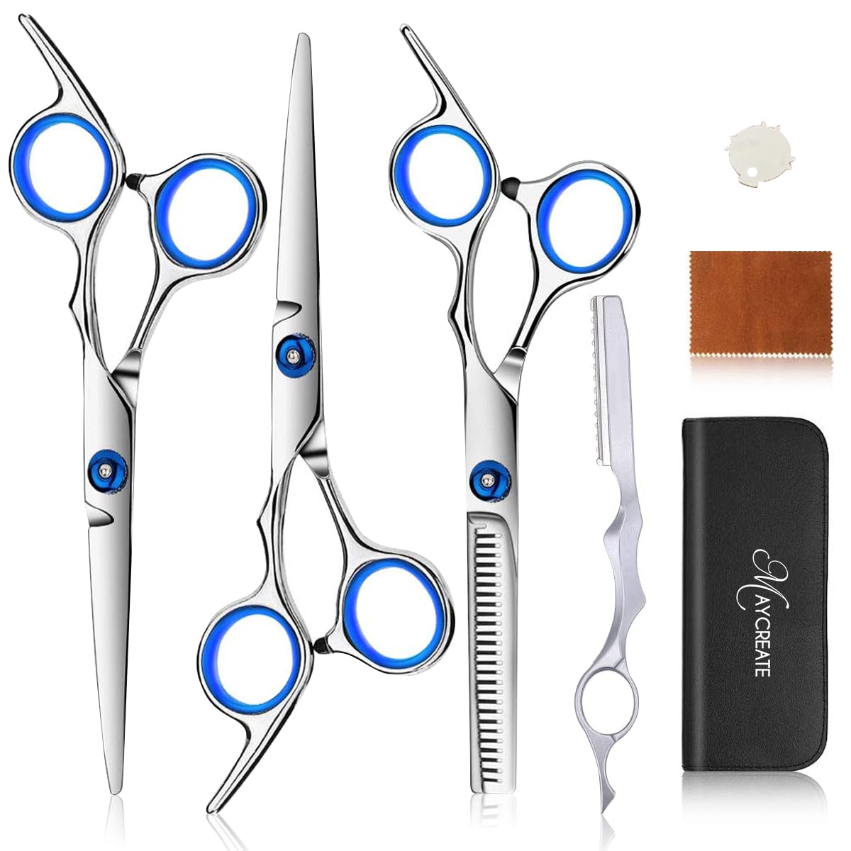 MAYCREATE Hair Cutting Scissors Kit with 2 Straight & 1 Thinning Scissor Set | Adjustable Screw Case