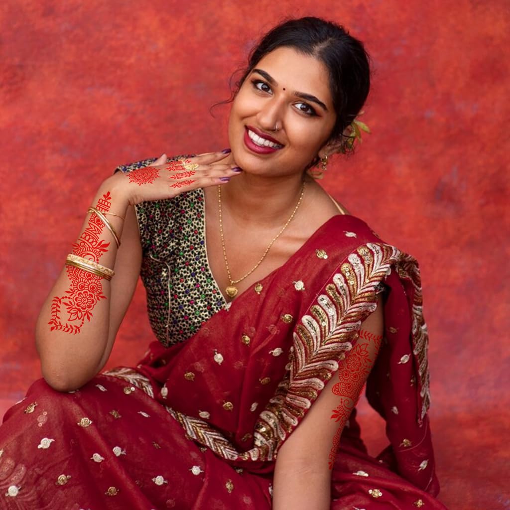 MAYCREATE Temporary Tattoo Stickers for Hands and Body with 5 Waterproof Red Mehndi Sheets | Safe Skin-Friendly Floral Designs