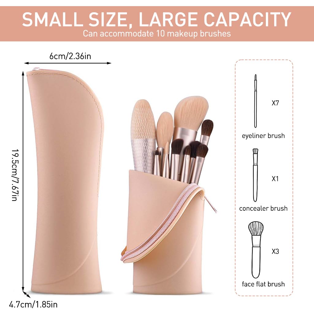 MAYCREATE® Makeup Brush Holder Travel Silicone Makeup Brush Pouch Small Stand-up Desk Makeup Brush Organizer, Cute Zipper Make up Brush Case - Khaki, 20x6cm