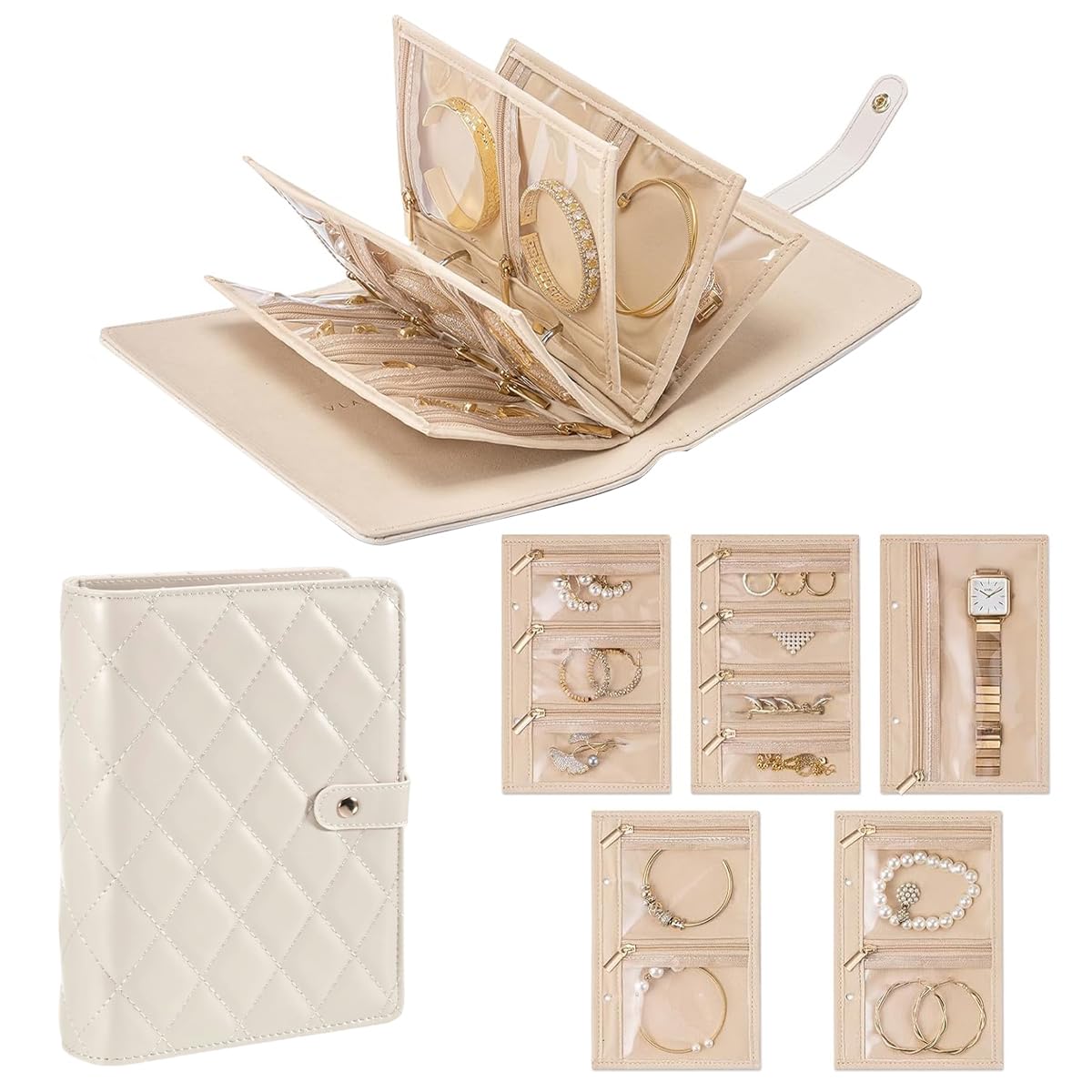 MAYCREATE® Jewelry Organizer Bag Travel Jewellery Organisers Pouch Valuables Storage Pouch with 12 Zip-up Clear Pockets, Fashion Quilting PU Storage Bag with Snap Closure - 21x14.5x4cm