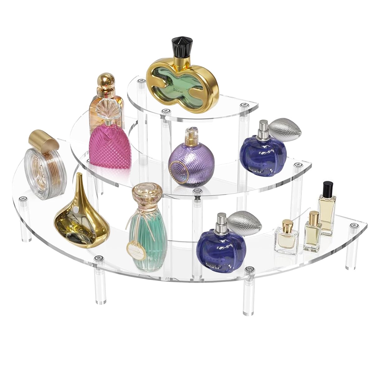 MAYCREATE Acrylic Display Stand for Collectible Figures featuring 3 Tier Semicircle Shelves | Clear Organizer for Desk and Makeup Storage