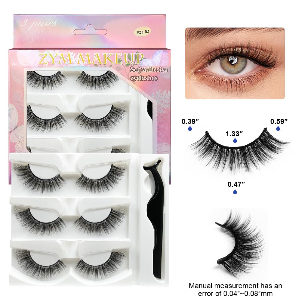 MAYCREATE 3 Pairs Self Adhesive Eyelashes No Glue Needed False Lashes Natural Look Lash Extensions Reuseable Self Adhesive Lashes Waterproof Wispy Fluffy Lashes with Tweezer