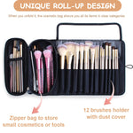 MAYCREATE Makeup Brush Holder for Travel with 12 Sleeves and Roll Up Design | Black Polyester