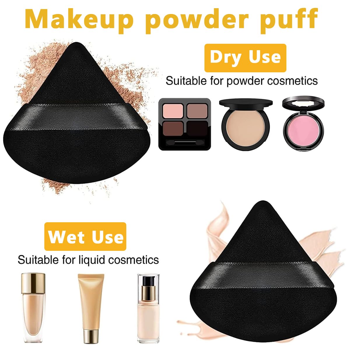 MAYCREATE Triangle Powder Puff for Face Makeup with Round and Pointed Edges 4pcs Black | Wet and Dry Use