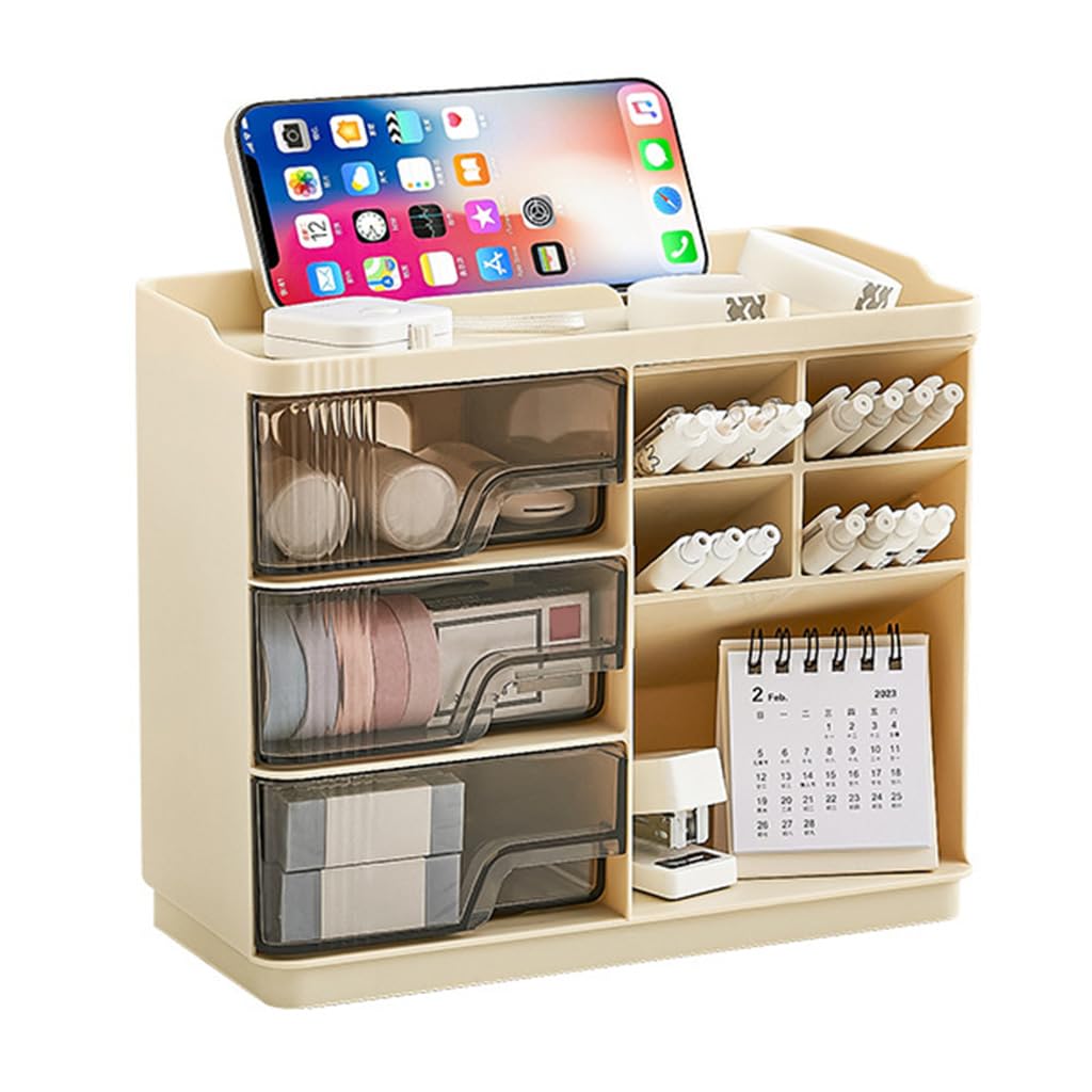 MAYCREATE Desk Organizer for Makeup and Stationery featuring Triple Drawer System | 23.2x11x19.4 cm Multi‑Compartment Storage Box