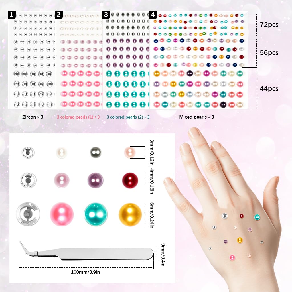 MAYCREATE Pearls Face Gems for Makeup and DIY Crafts with 12 Sheets 2064 pcs | Self Adhesive Acrylic Stickers