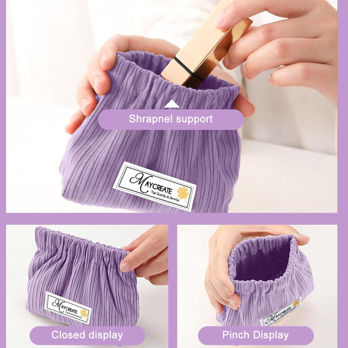 MAYCREATE Small Makeup Pouch Set for Travel and Daily Use featuring Self Closing Design | 2pcs 14x12cm Corduroy Bags in Pink and Purple