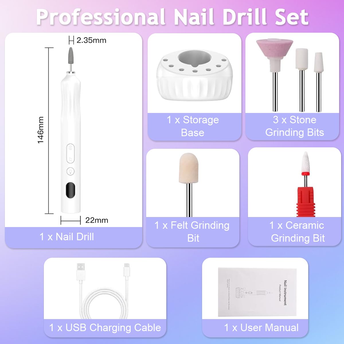 MAYCREATE Nail Drill Machine with 5 Speeds and 6 Drill Bits for Gel Removal | USB Rechargeable Design