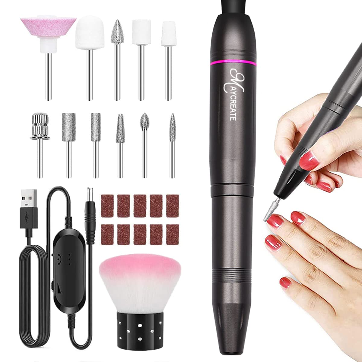 MAYCREATE Nail Drill Machine for Manicure and Pedicure with 20000rpm Speed and 25pcs Bits | Portable Electric Filer for Acrylic Gels and Callus Removal