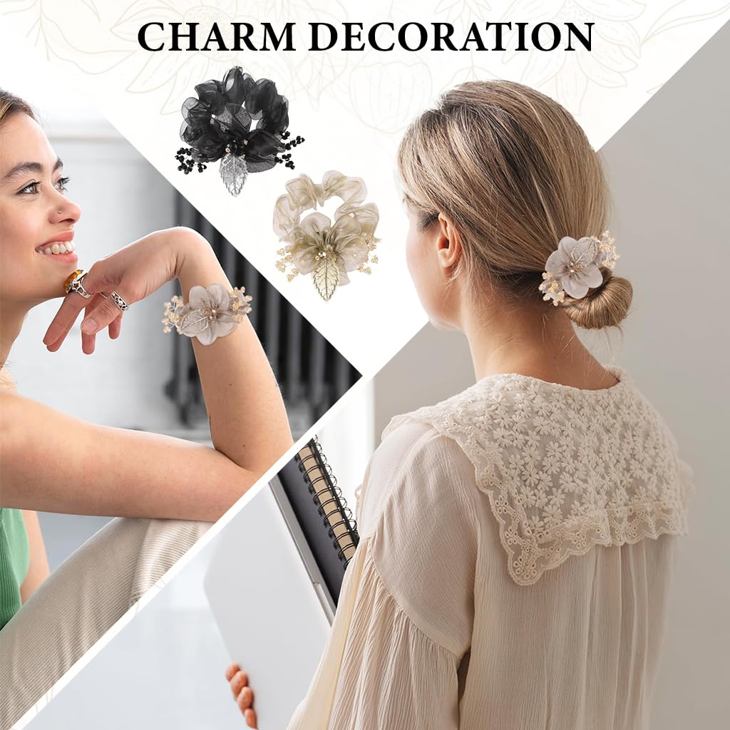 MAYCREATE Scrunchie Hair Bands for Women with Beaded Organza Flowers | 2PCS Black and Golden Rose Set