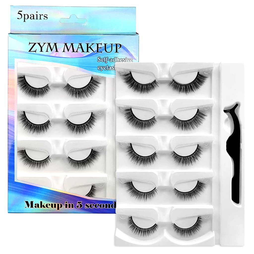 MAYCREATE® 5 Pairs Self Adhesive Eyelashes, Reusable Adhesive Eyelashes, No Glue Eyelashes, Waterproof False Lashes Natural with Eyelash Tweezer for Women Makeup Gift Purple