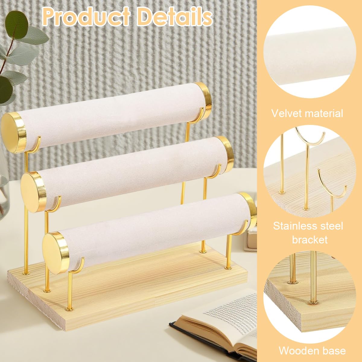 MAYCREATE Bracelet Bangle Organizer for Women featuring 3 Tier Metal Stand with Wood Tray | Holds 18–25 Bracelets